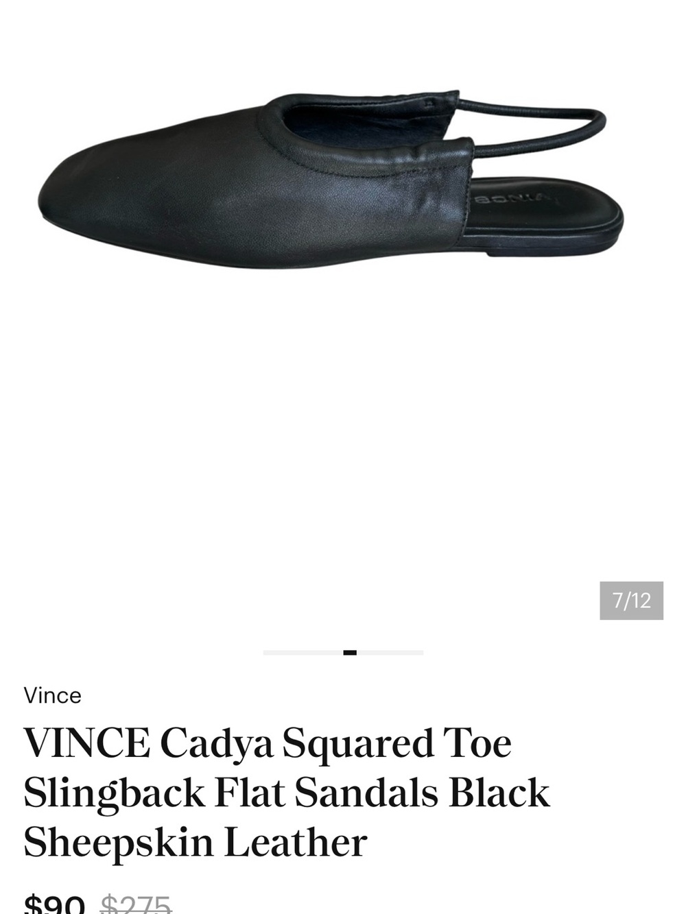 VINCE Cadya Squared Toe Slingback Flat Sandals Black Sheepskin Leather - Picture 6 of 7